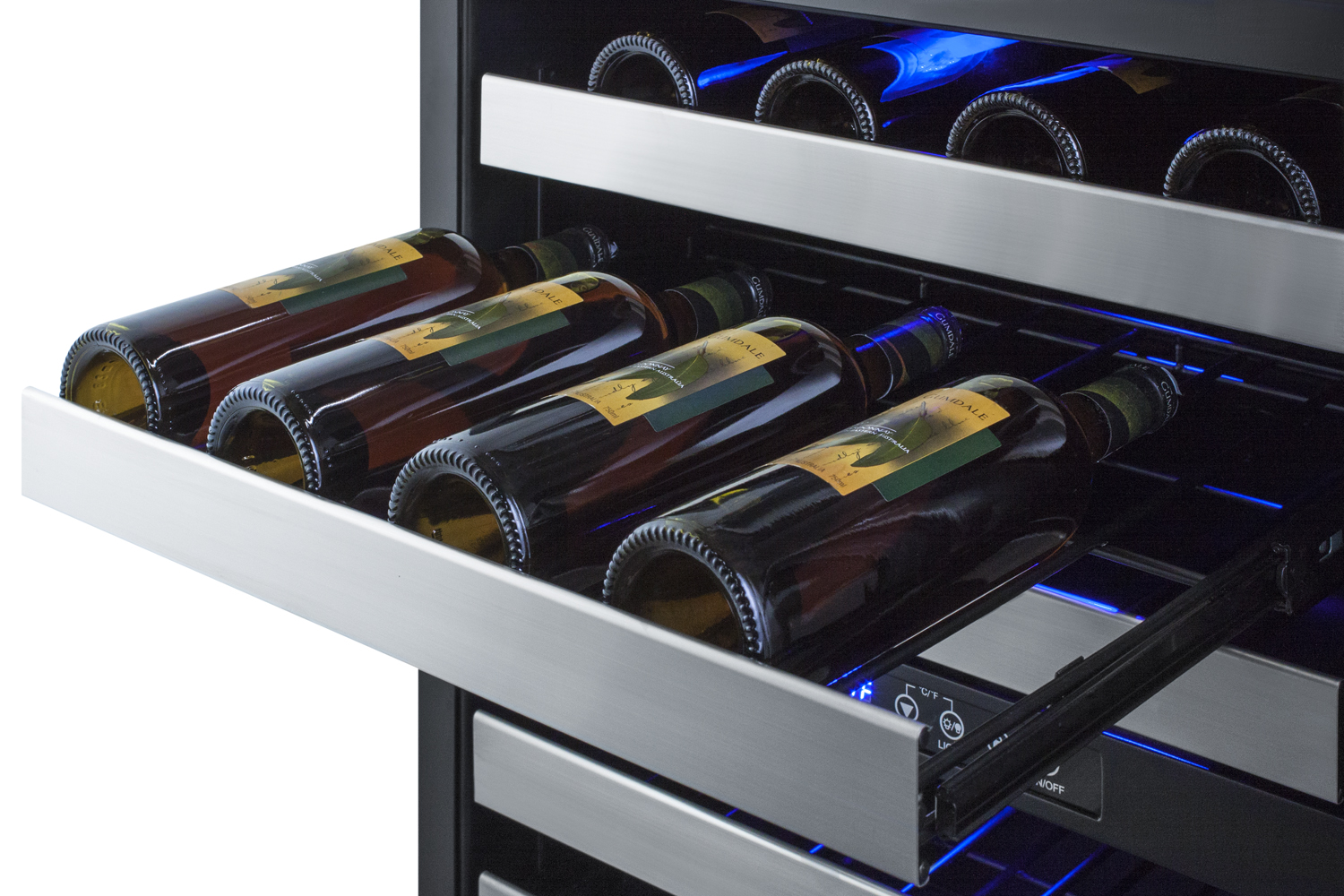 ADA compliant dual zone built-in wine cellar designed for the display and refrigeration of up to 46 bottles, with digital thermostat, panel-ready glass door, and black cabinet